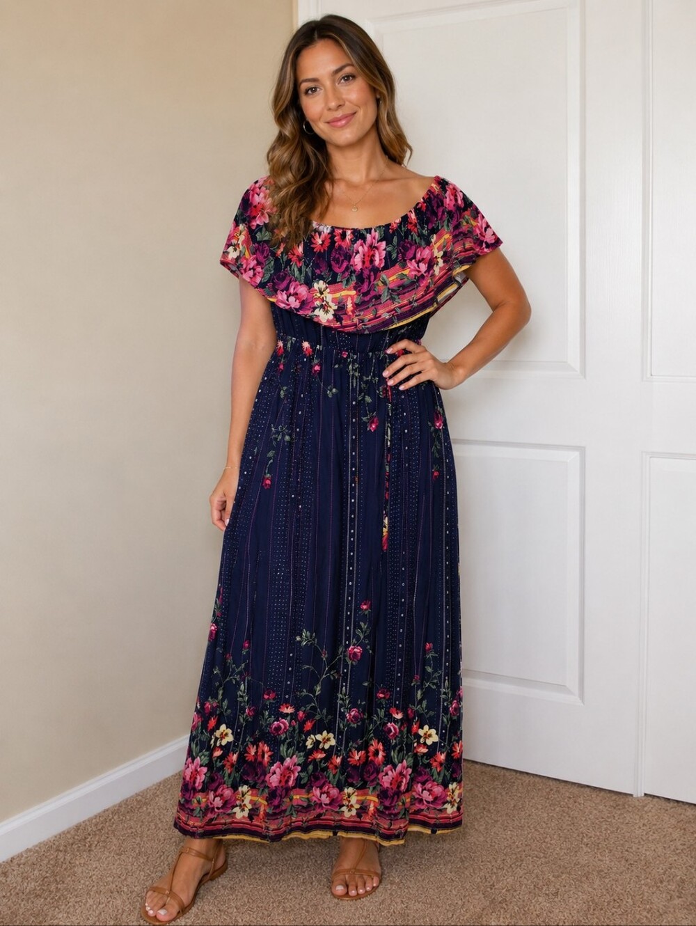 Floral Off-the-Shoulder Maxi Dress in Black and Pink